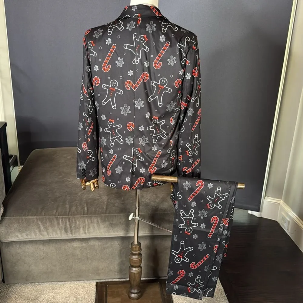 Festive Men’s Black & Red 3 Piece Suit Christmas Themed Size M 36 Jacket 32 Pant